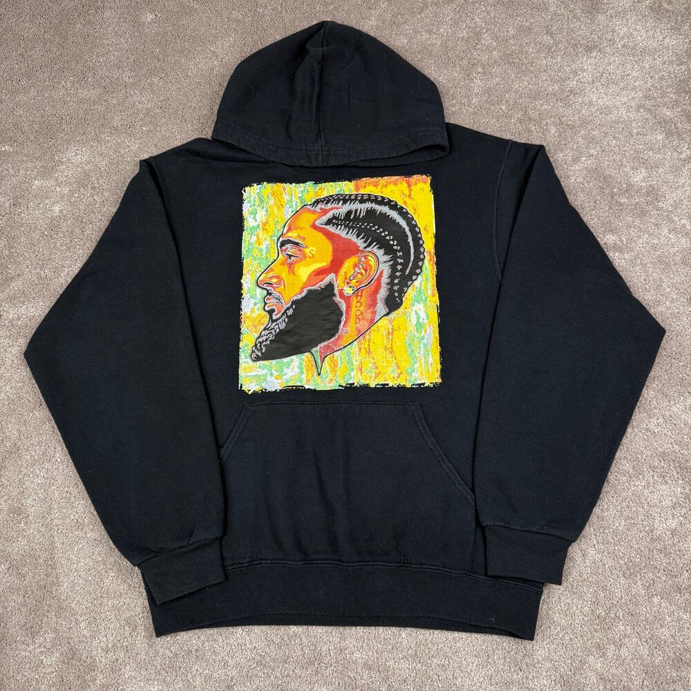 Nipsey Hussle Tribute Portrait Hoodie Size M Black Hip Hop Memorial Streetwear